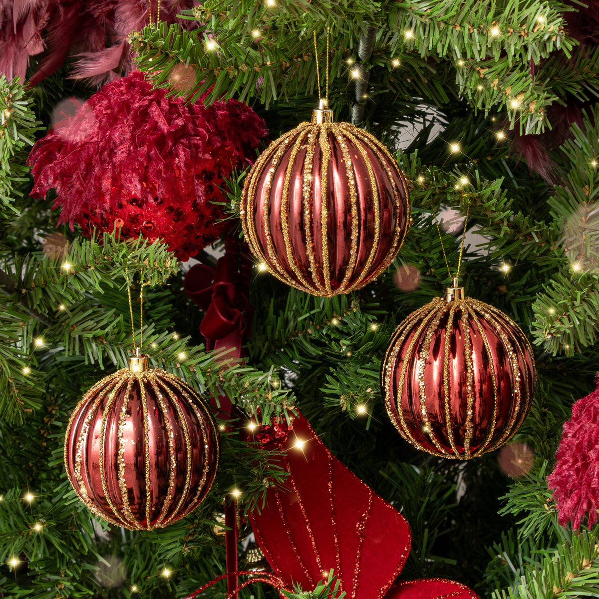 Set of 3 Red Glitter Striped Reeded Hanging Christmas Baubles - 8cm