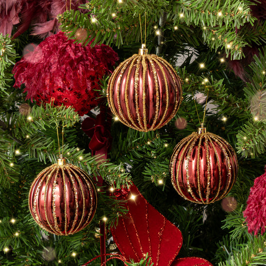  Set of 3 Red Glitter Striped Reeded Hanging Christmas Baubles - 8cm 