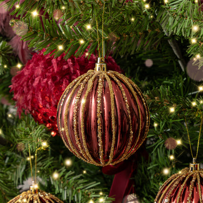 Set of 3 Red Glitter Striped Reeded Hanging Christmas Baubles - 8cm