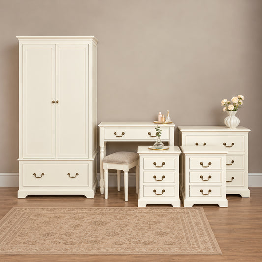  Ivory Wardrobe, 3 Drawer Chest of Drawers, Dressing Table Set & Pair of 3 Drawer Bedside Tables - Charlotte Ivory Range 