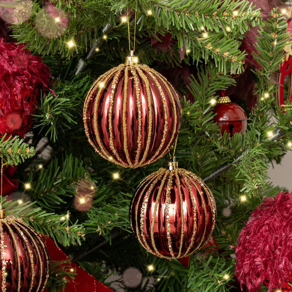 Set of 3 Red Glitter Striped Reeded Hanging Christmas Baubles - 8cm