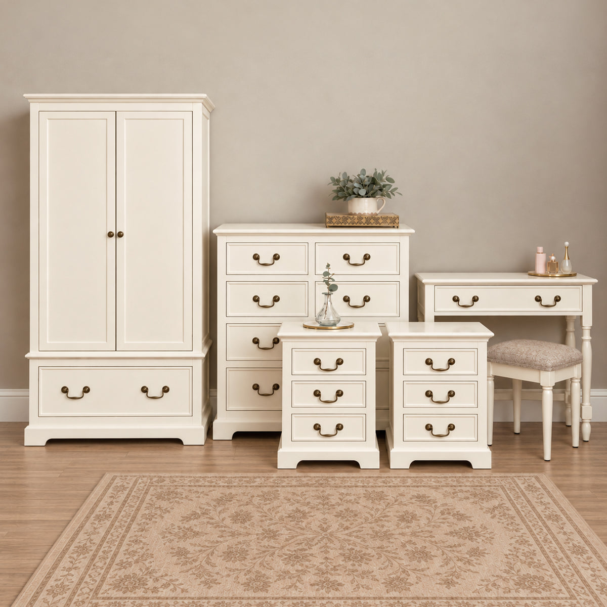 Ivory Wardrobe, 8 Drawer Chest of Drawers, Dressing Table Set & Pair of 3 Drawer Bedside Tables - Charlotte Ivory Range
