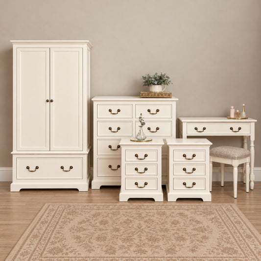  Ivory Wardrobe, 8 Drawer Chest of Drawers, Dressing Table Set & Pair of 3 Drawer Bedside Tables - Charlotte Ivory Range 