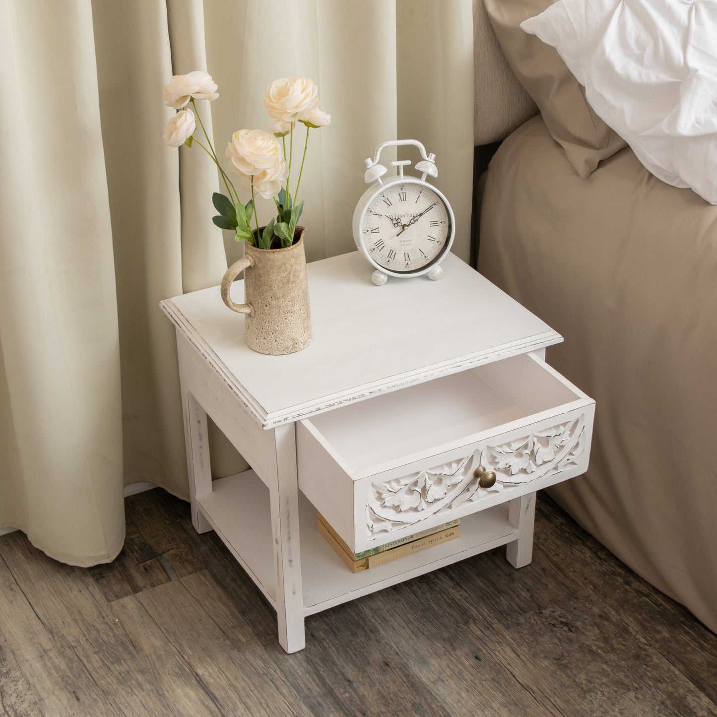 Distressed White Mango Wood Bohemian Bedside Table - Freya White Range