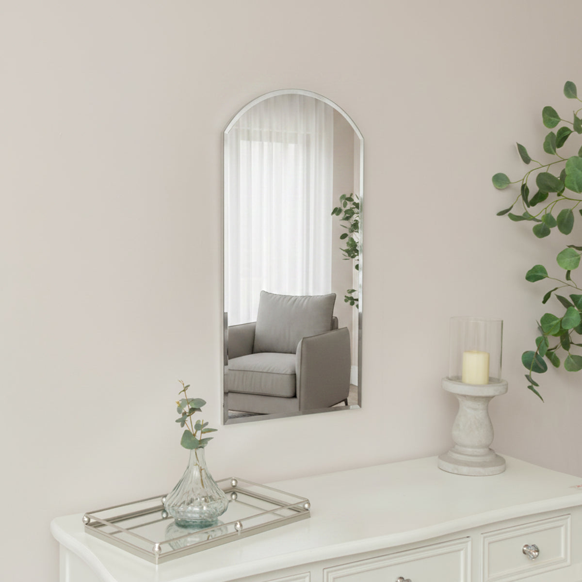 Arched Frameless Bevelled Wall Mirror - 35cm x 71cm