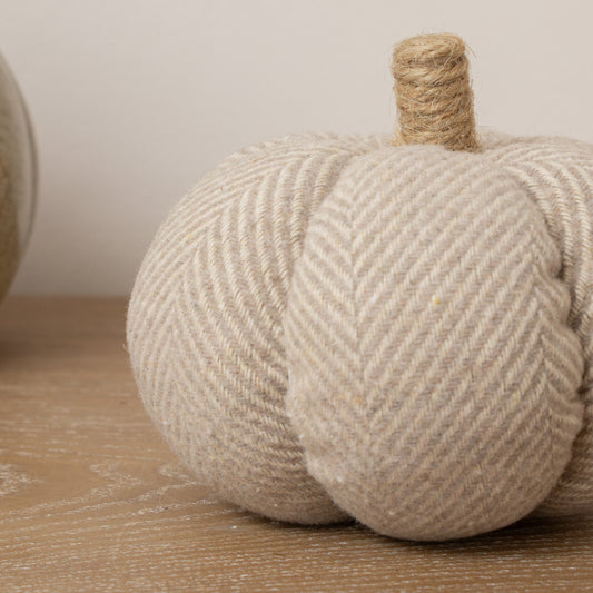  Small Grey Fabric Herringbone Pumpkin Ornament - 11cm x 9cm 