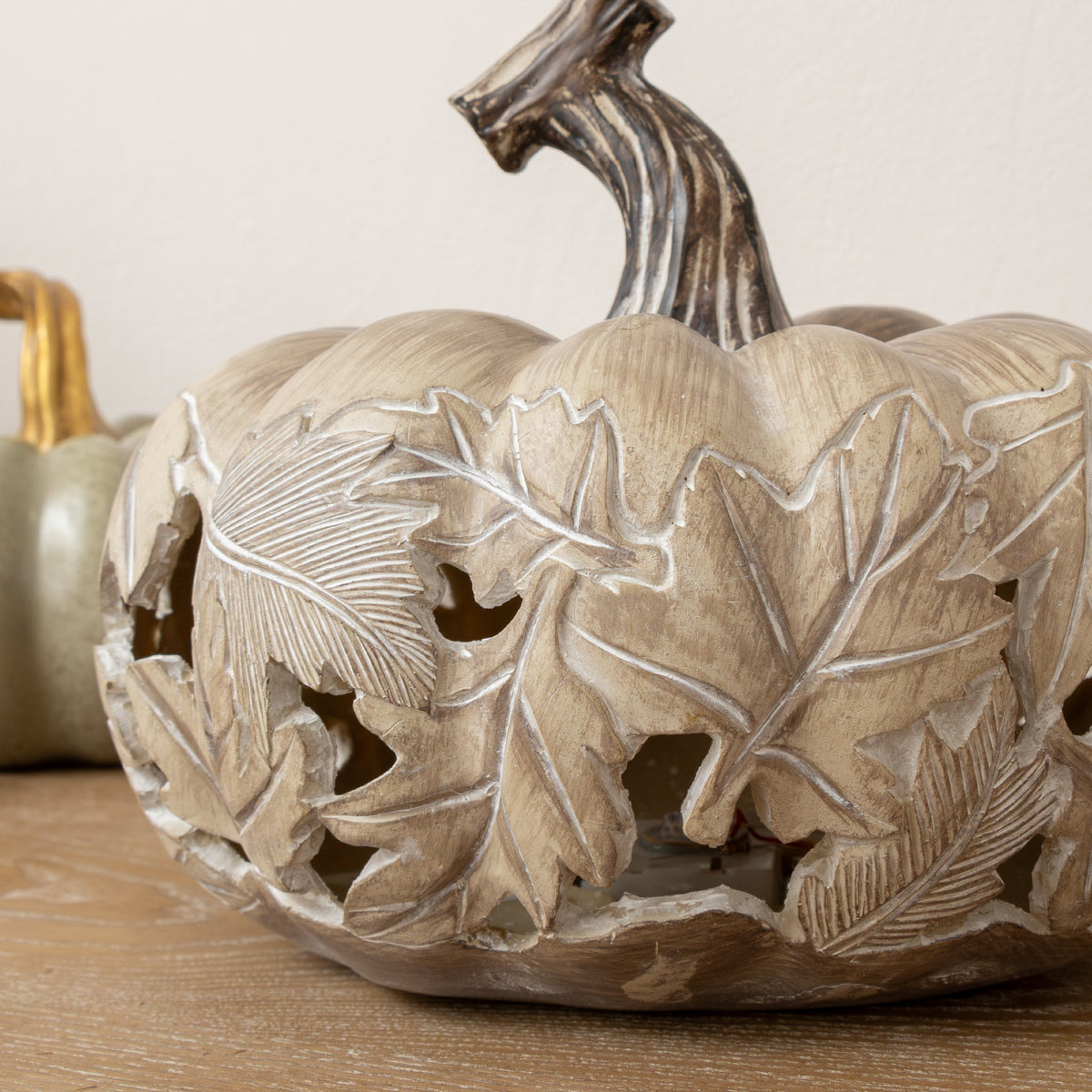LED White & Grey Leaf Pattern Pumpkin Ornament - 23cm x 20cm