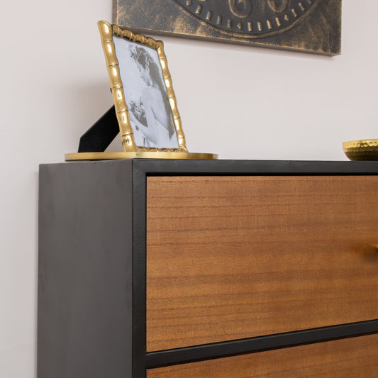  Mid-Century Modern Wooden & Black 5 Drawer Tallboy - Industrial Range 