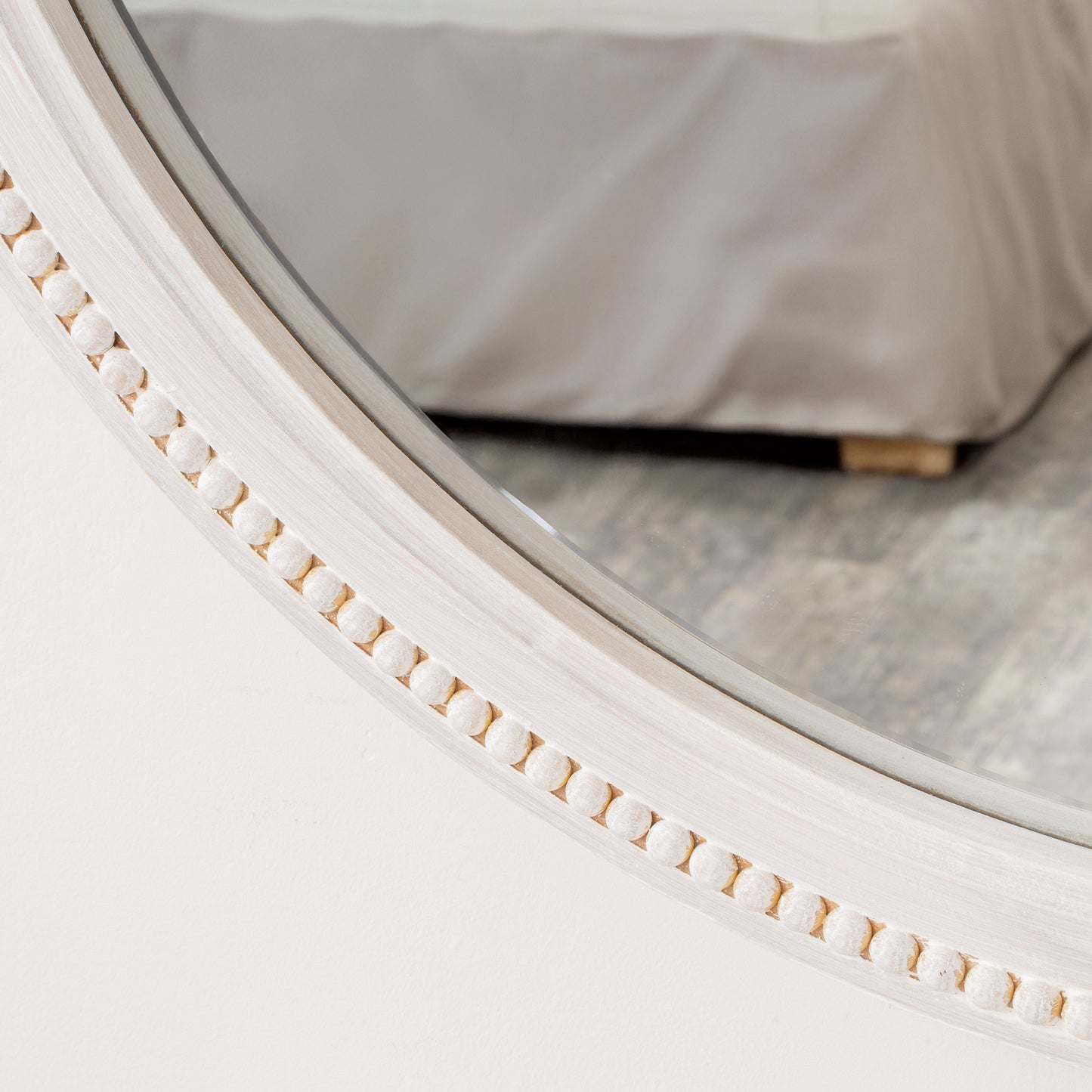 Round Distressed White Washed Wooden Bobbin Detailed Wall Mirror - 80cm x 80cm