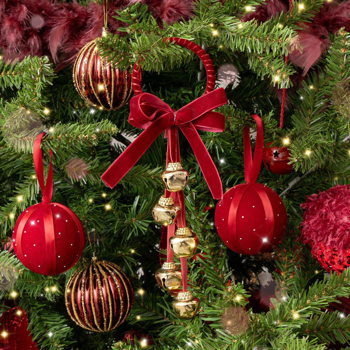 Red & Gold Velvet Bow & Bell Christmas Hanger Decoration