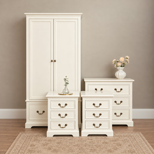  Ivory Wardrobe, 3 Drawer Chest of Drawers & Pair of 3 Drawer Bedside Tables - Charlotte Ivory Range 