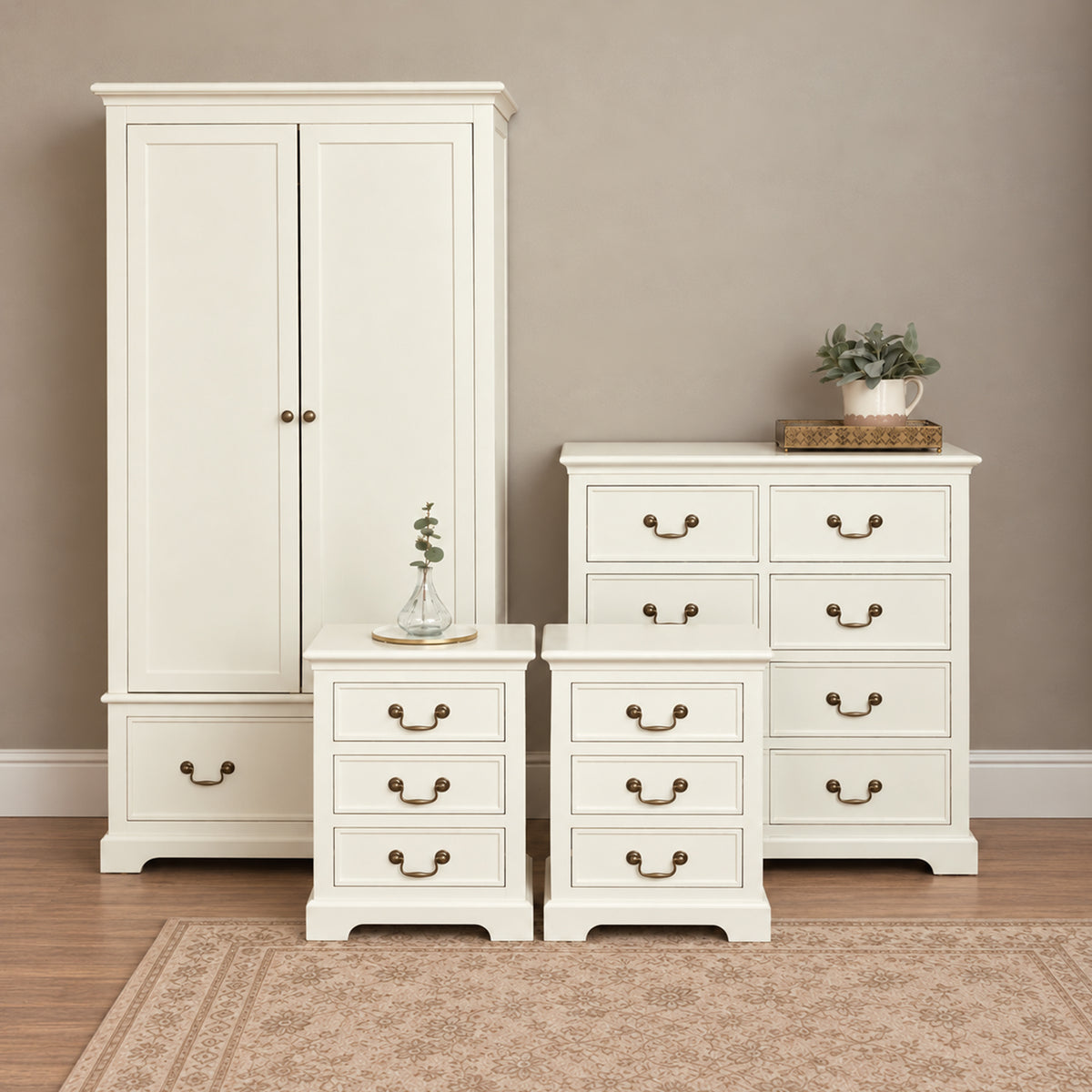 Ivory Wardrobe, 8 Drawer Chest of Drawers & Pair of 3 Drawer Bedside Tables - Charlotte Ivory Range