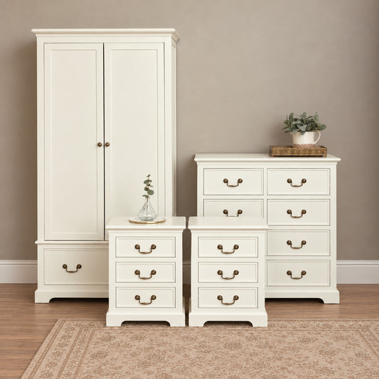 Ivory Wardrobe, 8 Drawer Chest of Drawers & Pair of 3 Drawer Bedside Tables - Charlotte Ivory Range 