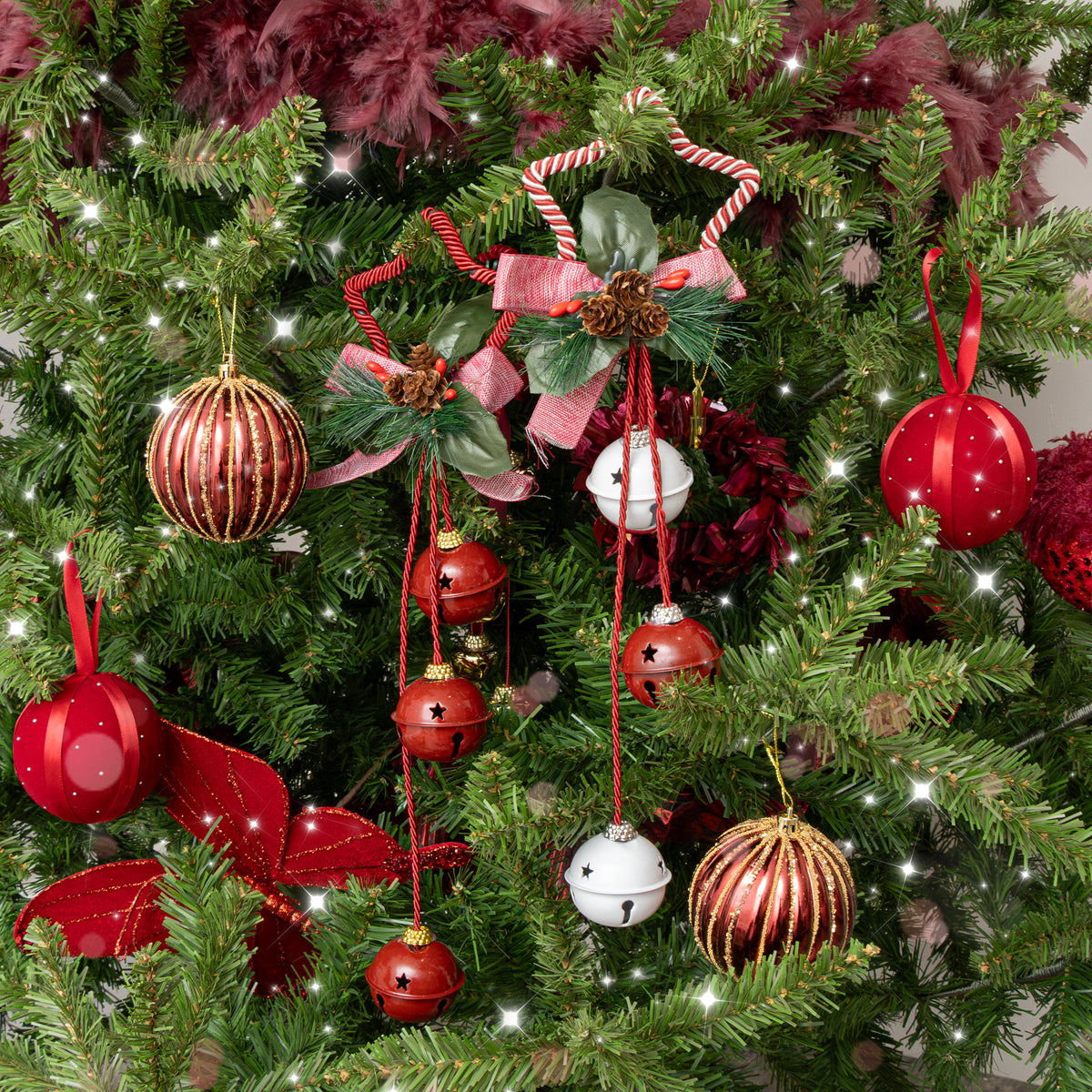 Set of 2 Red & White Star Shaped Hanging Christmas Decorations