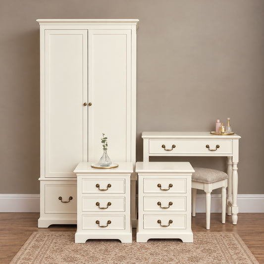  Ivory Wardrobe, Dressing Table Set & Pair of 3 Drawer Bedside Tables - Charlotte Ivory Range 