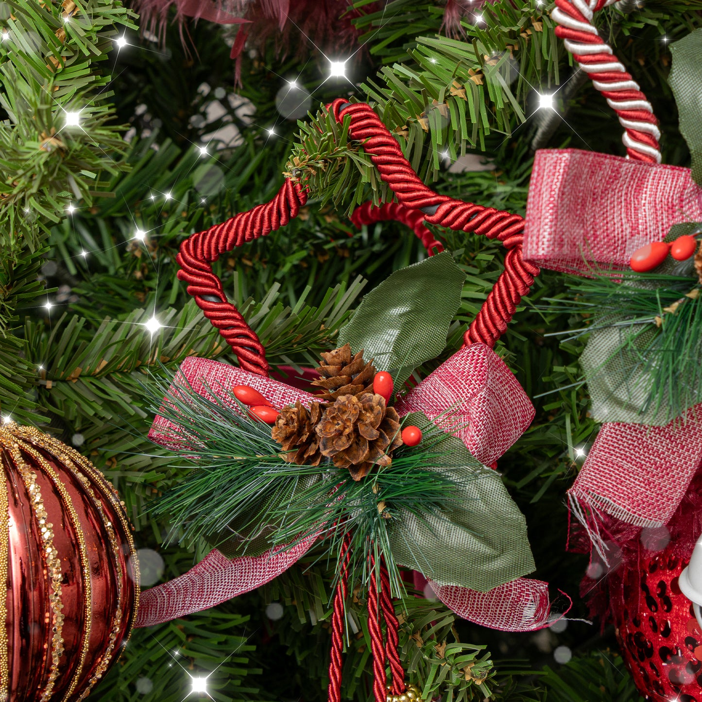 Set of 2 Red & White Star Shaped Hanging Christmas Decorations