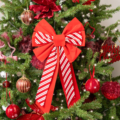 Large Red & White Candy Cane Flocked Christmas Bow Decoration