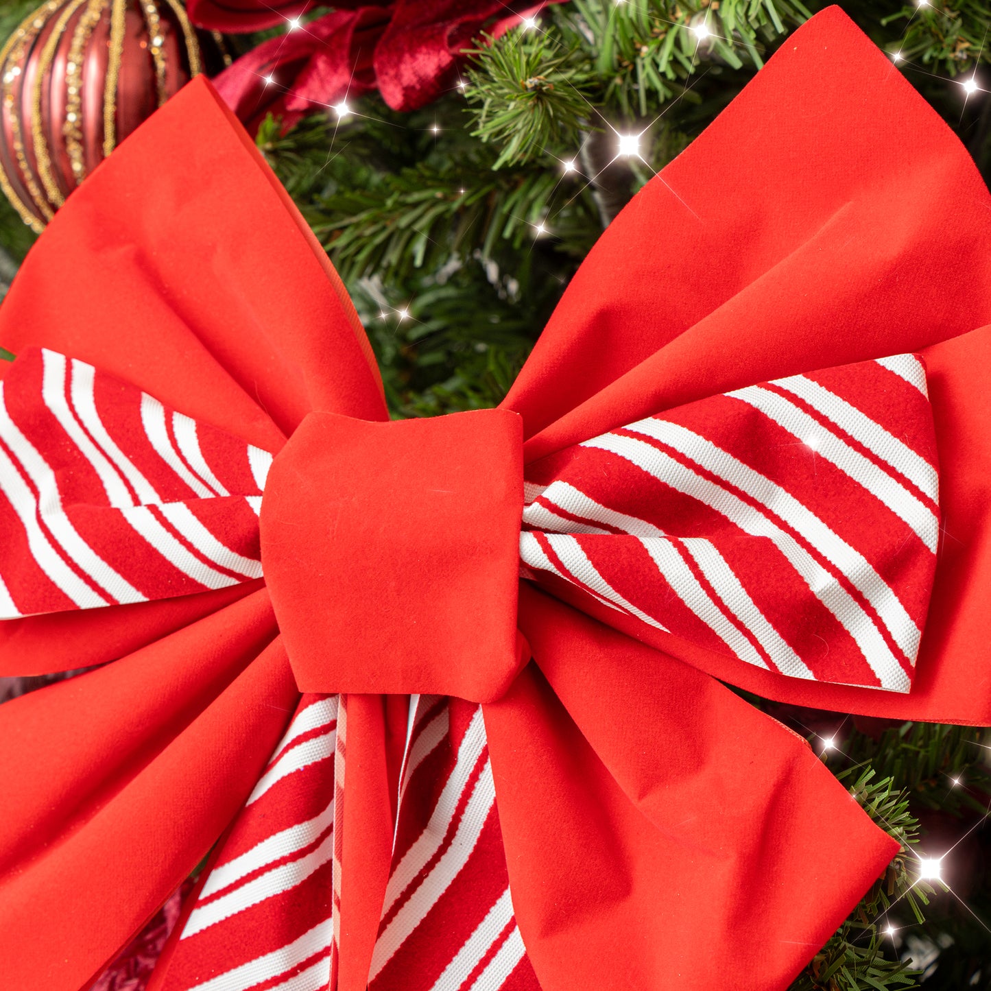 Large Red & White Candy Cane Flocked Christmas Bow Decoration