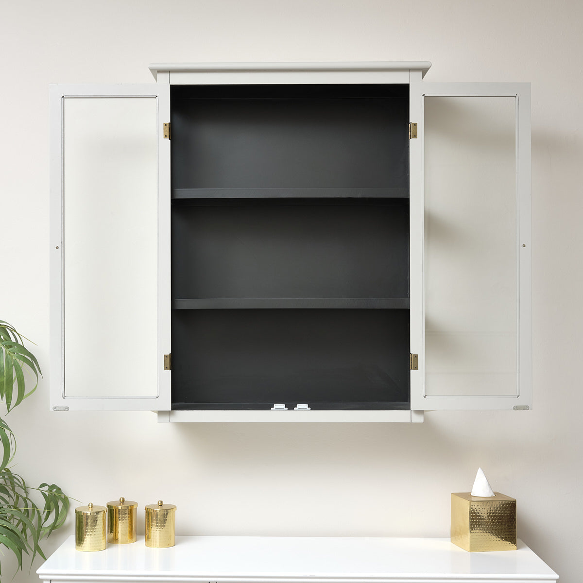 Large Grey & Black Glass Fronted Wall Cabinet 90cm x 70cm