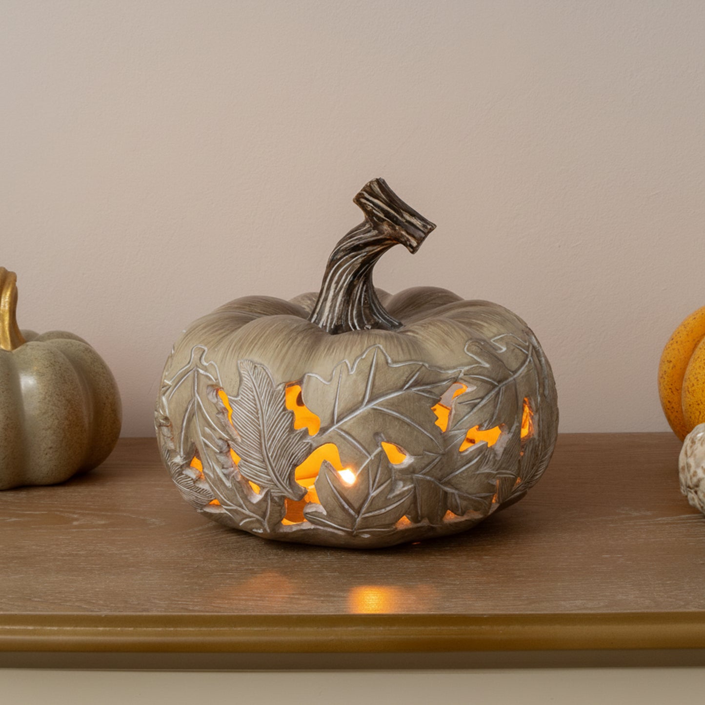 LED White & Grey Leaf Pattern Pumpkin Ornament - 23cm x 20cm