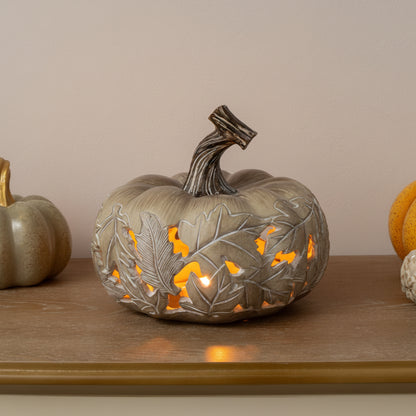 LED White & Grey Leaf Pattern Pumpkin Ornament - 23cm x 20cm