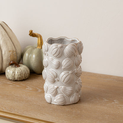 Large White Glazed Ceramic Pumpkin Flower Vase - 18cm