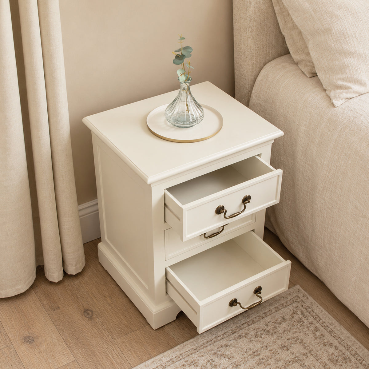 Ivory 3 Drawer Bedside Table - Charlotte Ivory Range