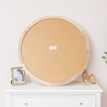Round Distressed White Washed Wooden Bobbin Detailed Wall Mirror - 80cm x 80cm