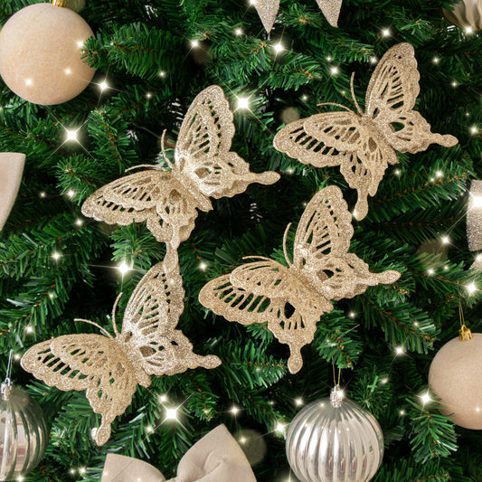  Set of 4 Champagne Gold Glitter Butterfly Christmas Decoration Clips 