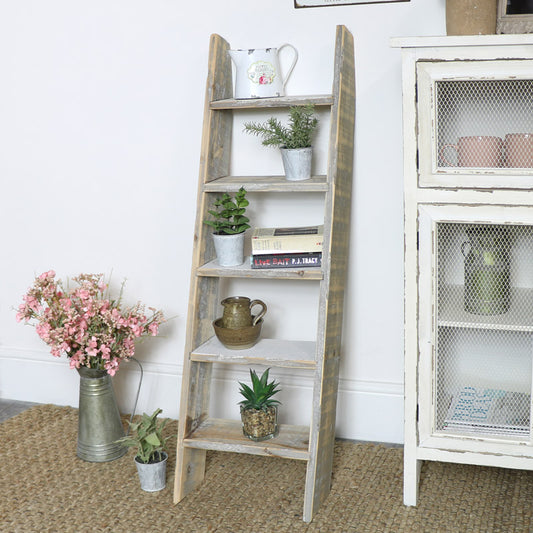  Grey Rustic Wooden Ladder Shelf Unit 