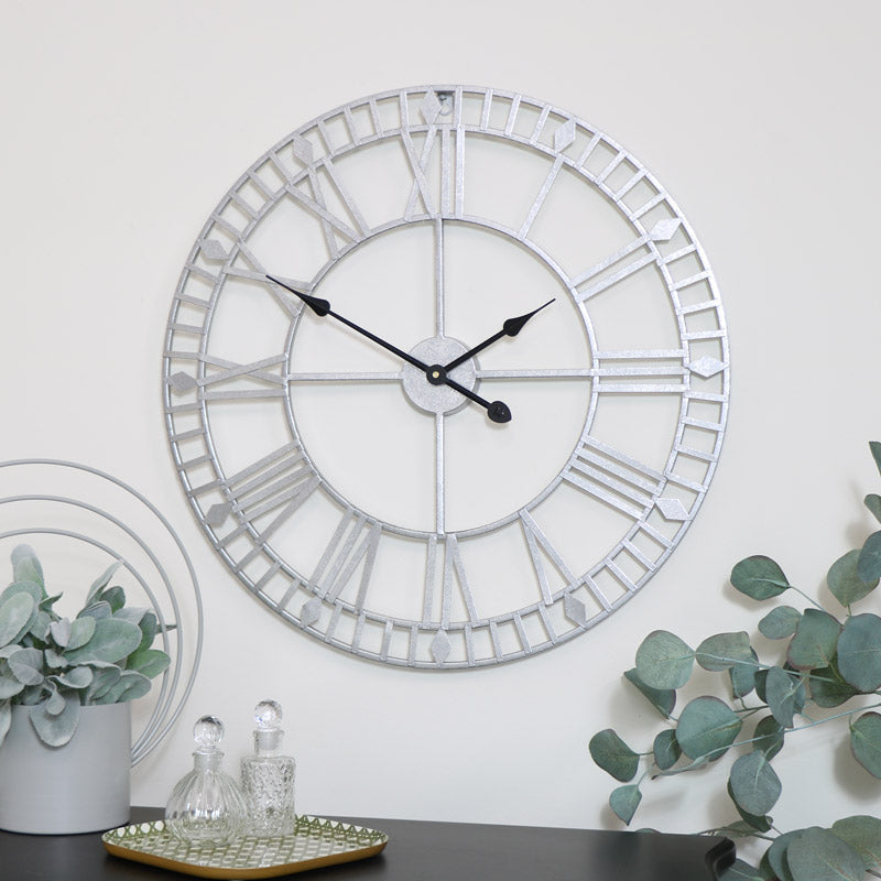 Silver Metal Skeleton Clock 60cm x 60cm