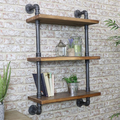 Industrial Metal & Wood Pipe Shelving Wall Unit