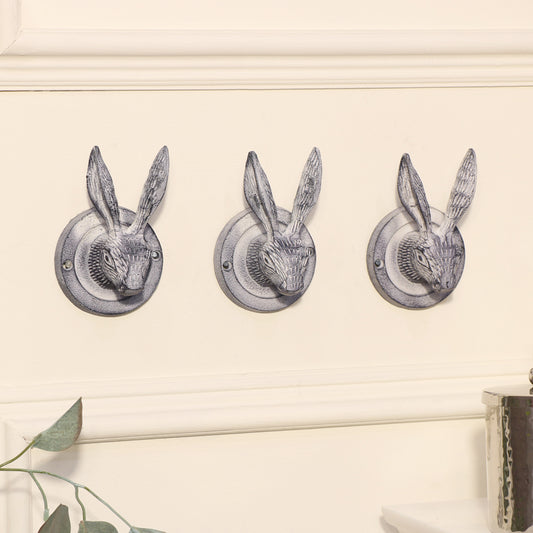  Set of 3 Grey Hare Head Coat Hooks 