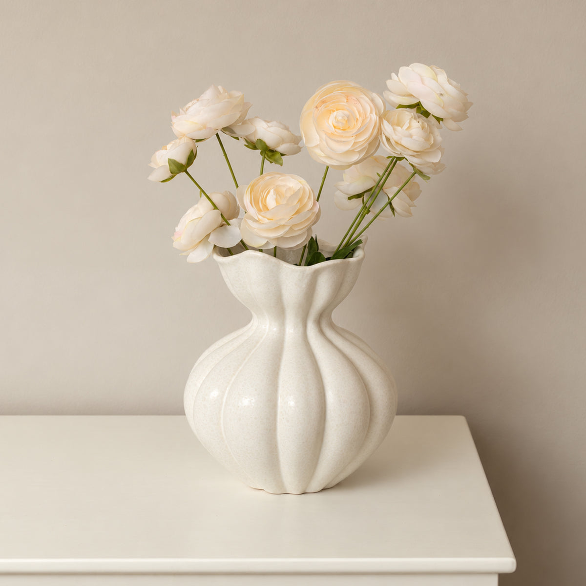 Large Round Fluted White Speckled Ceramic Flower Vase