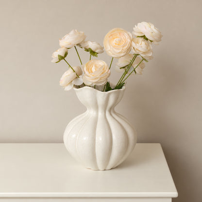 Large Round Fluted White Speckled Ceramic Flower Vase