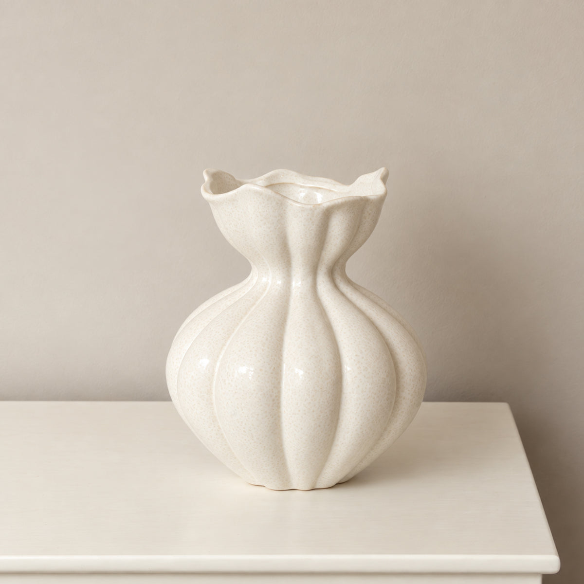 Large Round Fluted White Speckled Ceramic Flower Vase