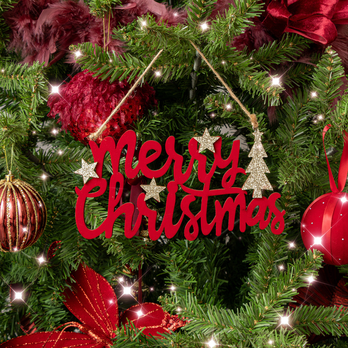 Large Dark Red Velvet & Gold Glitter 'Merry Christmas' Hanging Sign Decoration