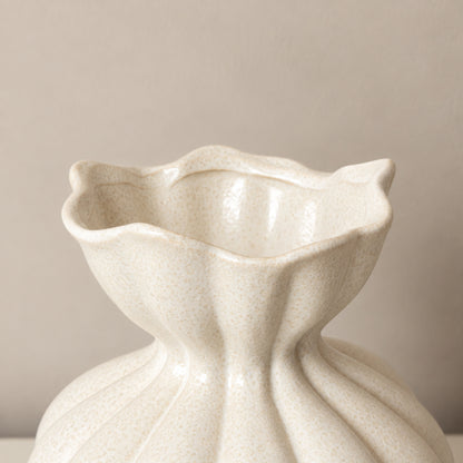 Large Round Fluted White Speckled Ceramic Flower Vase
