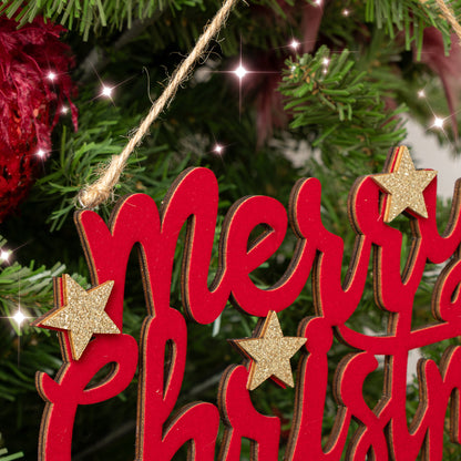 Large Dark Red Velvet & Gold Glitter 'Merry Christmas' Hanging Sign Decoration