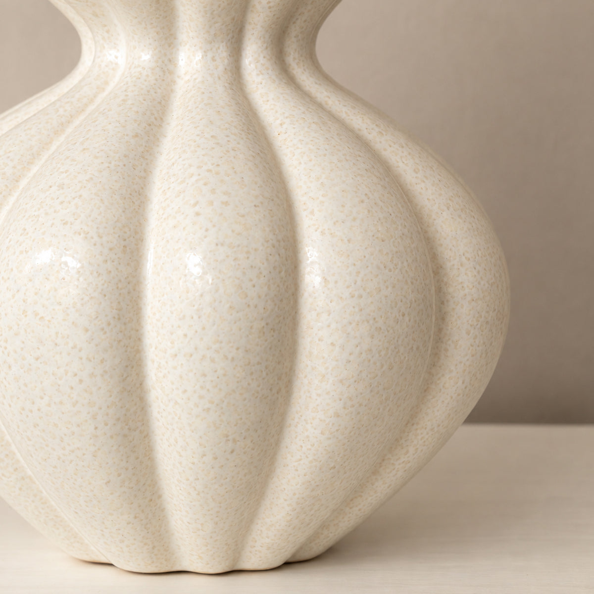 Large Round Fluted White Speckled Ceramic Flower Vase