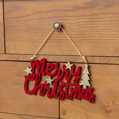 Large Dark Red Velvet & Gold Glitter 'Merry Christmas' Hanging Sign Decoration