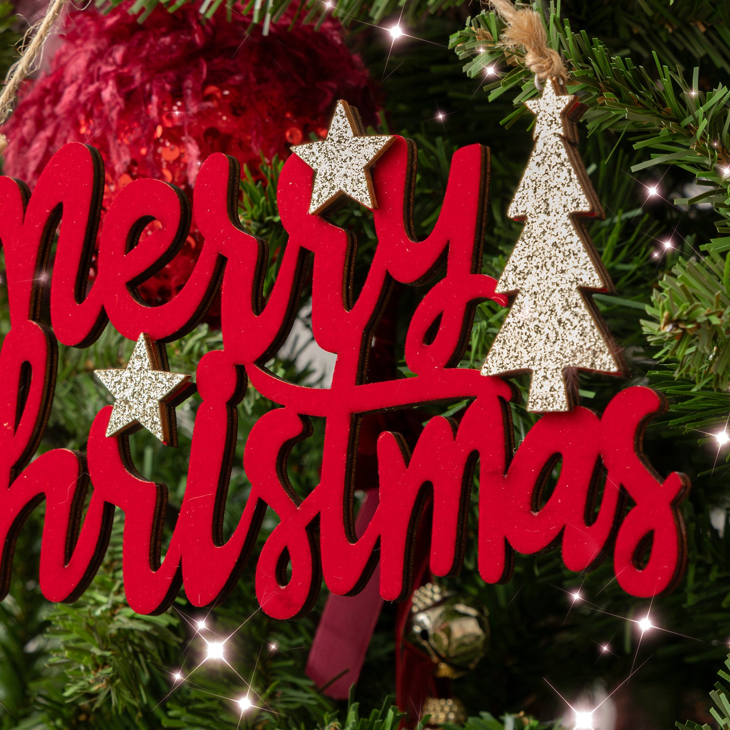 Large Dark Red Velvet & Gold Glitter 'Merry Christmas' Hanging Sign Decoration