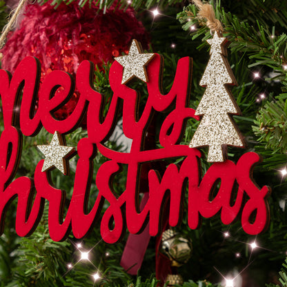 Large Dark Red Velvet & Gold Glitter 'Merry Christmas' Hanging Sign Decoration