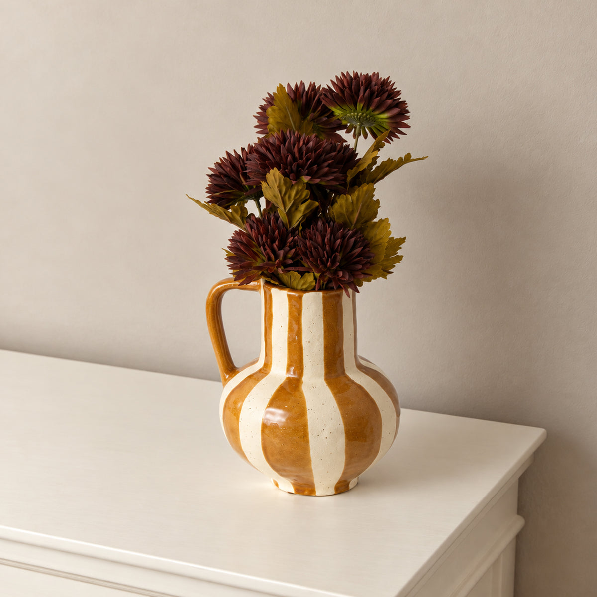 Large Brown & Cream Ceramic Striped Betty Style Jug Vase