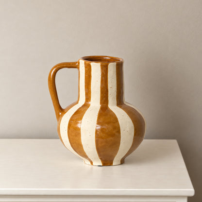 Large Brown & Cream Ceramic Striped Betty Style Jug Vase