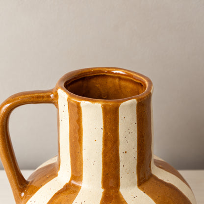 Large Brown & Cream Ceramic Striped Betty Style Jug Vase