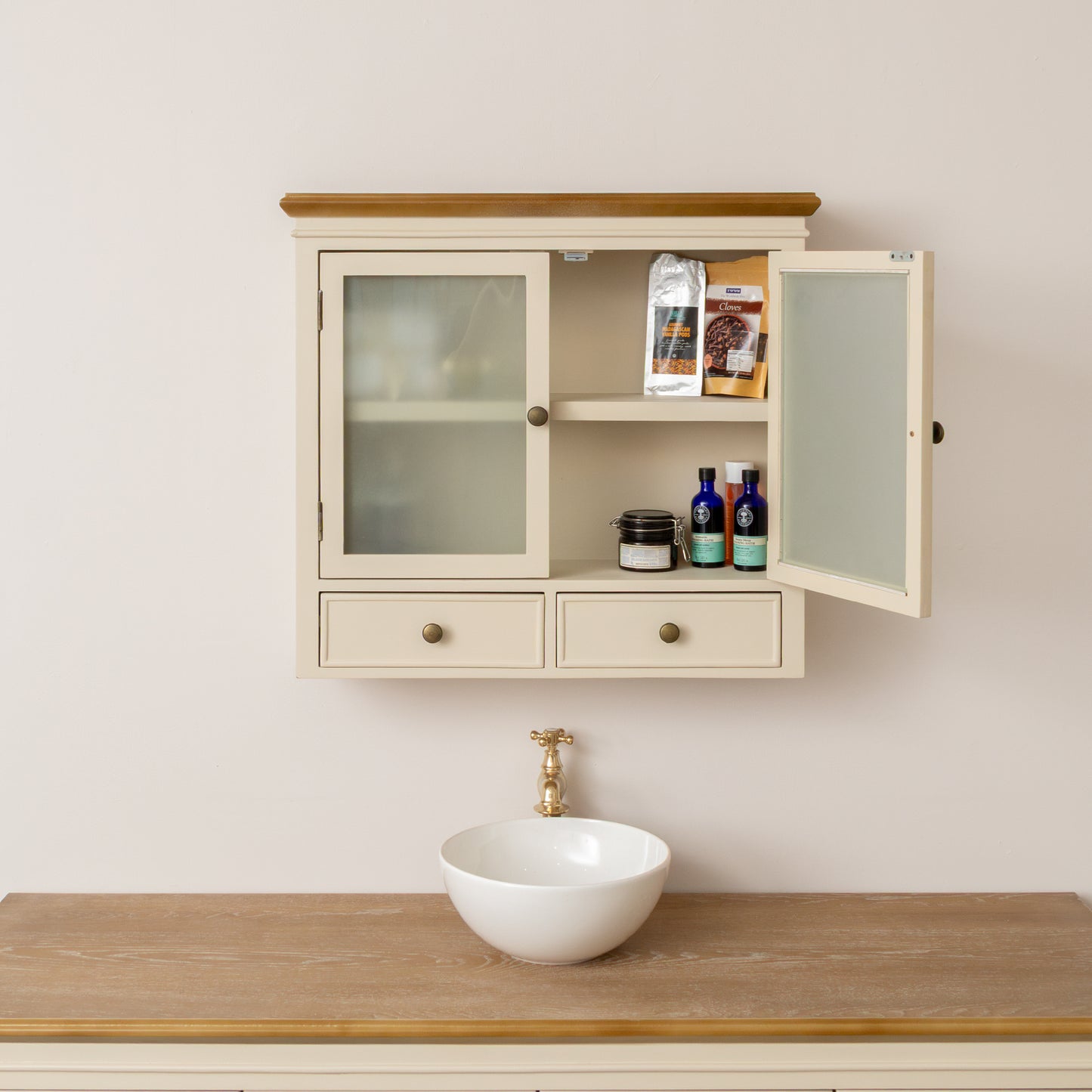Cream & Wooden Wall Cabinet with Drawers - Claudia Range
