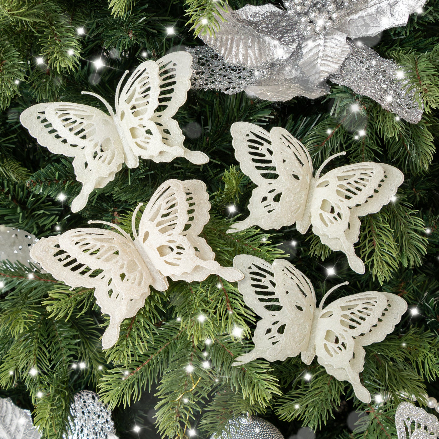 Set Of 4 White Glitter Butterfly Christmas Decoration Clips