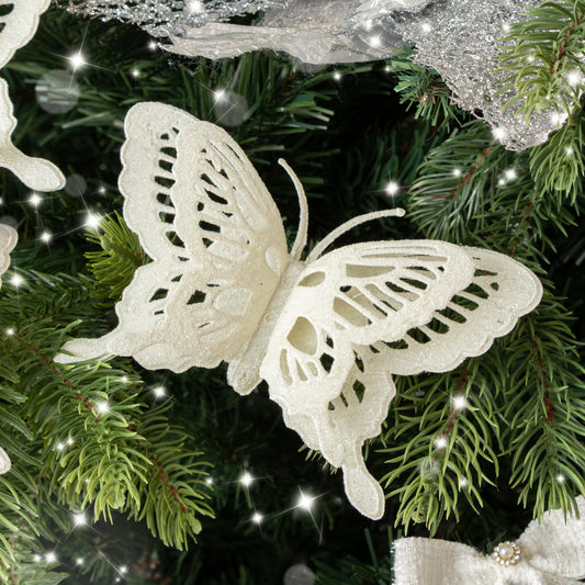  Set Of 4 White Glitter Butterfly Christmas Decoration Clips 