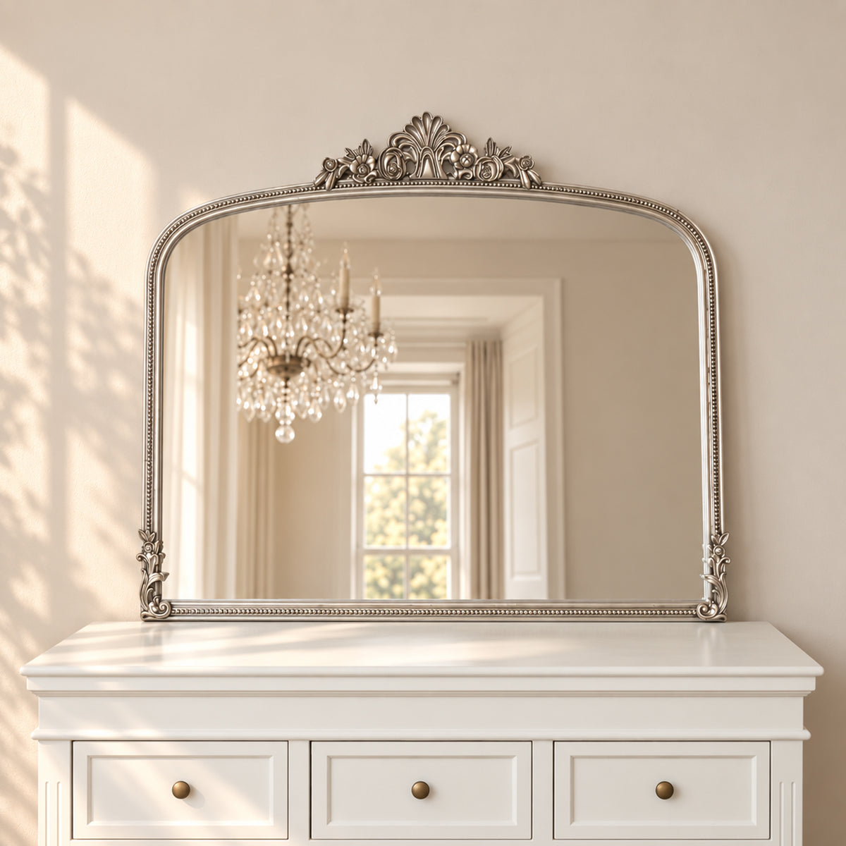 Antique Silver Ornate Arch Overmantle Mirror - 100cm x 88cm